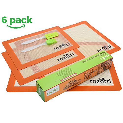  Rozotti Silicone Baking Mat Bundle (6-Piece Set) 2 Half Sheets Silicone Baking Mat And 2 Quarter Sheets Silicone Baking Mat, Silicone Baking Brush, Silicone Baking Spatula, Orange