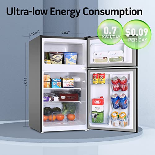  3.2 Cu.Ft Mini Fridge For Bedroom, Mini Refrigerator With Freezer, Dorm Fridge With Freezer, 2 Doors Perfect For Room And Office, Adjustable Temperature(Black)