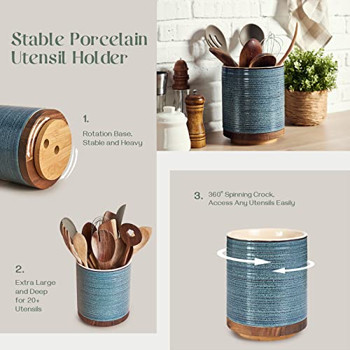  Utensil Holder, 360° Rotating Extra Large Utensil Holder, Utensil Holder For Kitchen Counter, Utensil Crock, 7.6'' Ceramic Stable Utensil Caddy, Farmhouse Kitchen Decor, Mothers Day Gifts