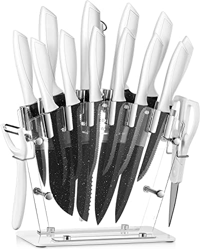  16 PCS High Carbon Stainless Steel Kitchen Knife Set, BO Oxidation, No Rust, Sharp Cutlery Black Knife Set With Acrylic Stand And Serrated Steak Knives,AB112