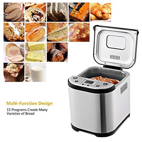  COSTWAY 2 LB Bread Maker Automatic Programmable Multifunctional Bread Machine With 15 Programs, 3 Loaf Sizes, 3 Crust Colors, 15 Hours Delay Timer, 1 Hour Keep Warm (15 Programs 710W)