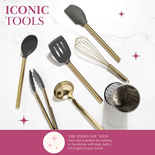  Paris Hilton Kitchen Set Tool Crock With Silicone Cooking Utensils, Stainless Steel Whisk And Ladle, 7-Piece, Gold, Charcoal Gray