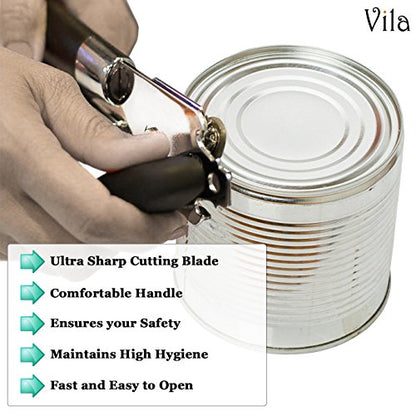 Vila Stainless Steel Cat & Dog Food Can Opener, Manual Lid Lifter, Bottle Opener, Easy To Turn Knob, Long, Comfortable Handles, Sharp Cutting Disc - Silver And Black, For Kitchen, Restaurant, Camping