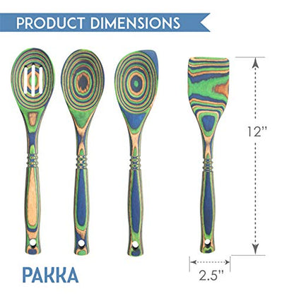 Pakkawood 4-Piece Utensil Set - Elegant Kitchen Spoon, Slotted Spoon, Corner Spoon, And Spatula For Serving & Cooking, Heat Resistant & Non-Stick Utensils