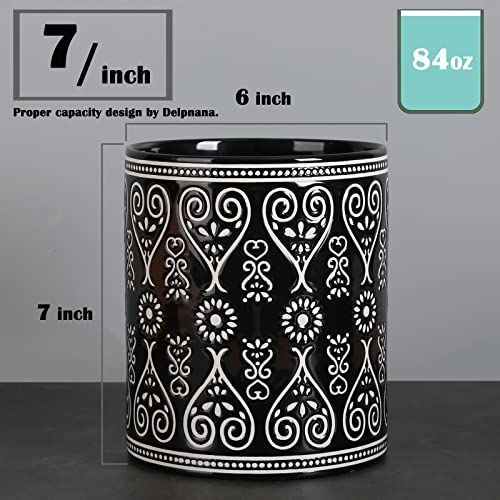  Ceramic Utensil Holder For Kitchen Counter - Large Black Utensil Crock For Countertop Organization - Modern Farmhouse Decor Kitchen Accessories - Dishwasher Safe