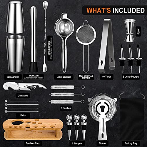  24-Piece Cocktail Shaker Bartender Kit With Stand, Boston Shaker, Mixing Spoon, Muddler, Measuring Jigger, Lemon Squeez, Tongs, Corkscrew, Liquor Pourers And More Professional Bar Tools