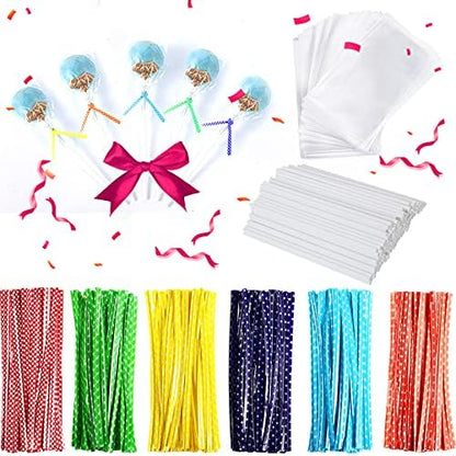  300 Pcs 6inch Lollipop Sticks, Cake Pop Lollipops, Chocolates And Cookies Bag Set Including 100 Parcel Bags, 100 Papery Treat Sticks, 100 Gold Twist Ties