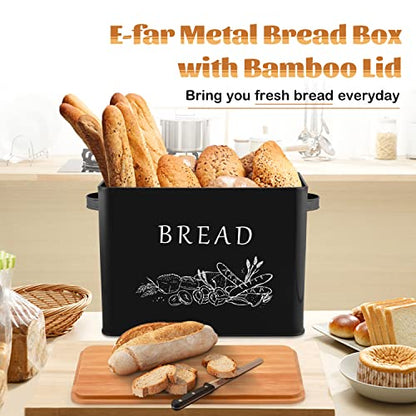  Bread Box For Kitchen Countertop, Metal Bread Storage Container Bin With Bamboo Lid For Cutting Bread, Extra Large & Farmhouse Style, 13” X 7.2” X9.8”, Black