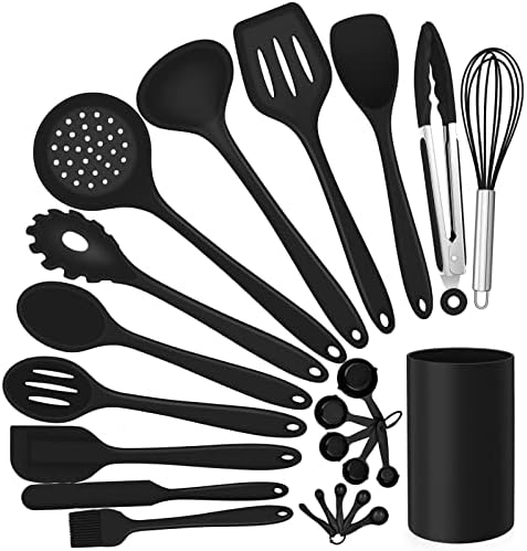  Silicone Cooking Utensils Set, E-far 7-Piece Black Heat Resistant Kitchen Utensils Set, Kitchen Nonstick Tools Spatula Ladle Spoon Pasta Server For Non-stick Cookware, Non-Toxic & Dishwasher Safe