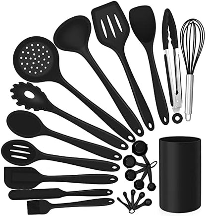  Silicone Cooking Utensils Set, E-far 7-Piece Black Heat Resistant Kitchen Utensils Set, Kitchen Nonstick Tools Spatula Ladle Spoon Pasta Server For Non-stick Cookware, Non-Toxic & Dishwasher Safe