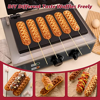  Commercial Waffle Corn Dog Maker, 0-300℃ Non-Stick Waffle Stick Maker Hot Dog Presser Maker With Removable Tray(6 PCS, Recipe Included), 110V