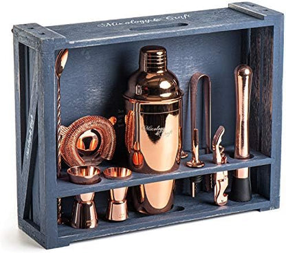  Bartender Kit: 11-Piece Bar Tool Set With Rustic Wood Stand | Perfect Home Bartending Kit And Cocktail Shaker Set For A True Drink Mixing Experience | Fun Housewarming Gift Idea (Gun-Metal)