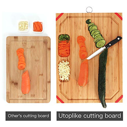  Nique Large Bamboo Cutting Board, 17.7'' Organic Chopping Board With Non-slip Rubber Grips, With 2 Specially Designed Compartments For Chopped Garlic Onion Meat