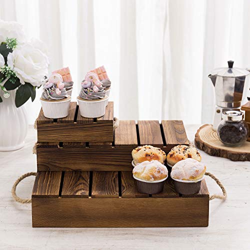  Burnt Wood Rustic Cake Stand Risers For Display, Wooden Pallets Style Tiered Dessert Stand, Cupcake Display Boxes With Rope Handles, Set Of 3