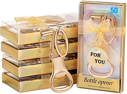  50 Pcs Golden Bottle Opener Birthday Party Favors, Rhinestones Wedding Anniversary For Guests Beer Opener Favor Gift Party Decor (60th Style)