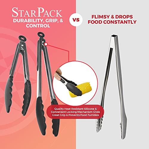  Ium Silicone Kitchen Tongs For Cooking Set (9" & 12" Gray Black) - Stainless Steel Tongs For Cooking With Silicone Tips - Non-Stick, High Heat Resistant Silicone Tongs (600°F)