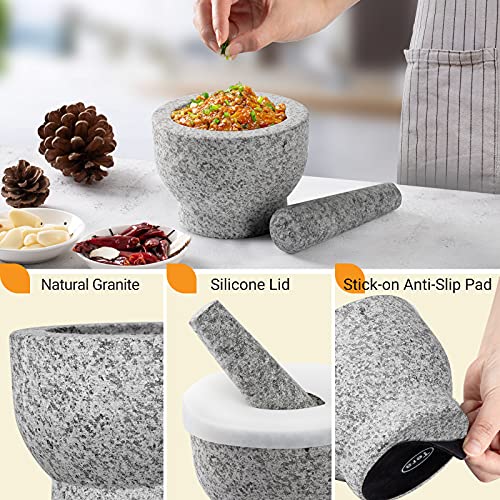  Mortar And Pestle Set 2-Cup Capacity Molcajete Bowl, Incl. Silicone Lid, Garlic Peeler, Stick-on Anti-Slip Pad For Base, Unpolished Granite Mortar And Pestle Spice Grinder 5.5 Inch