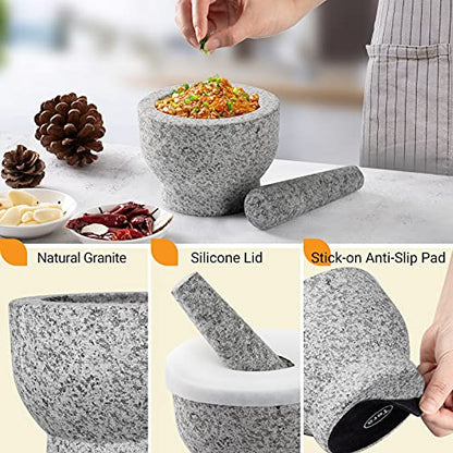  Mortar And Pestle Set 2-Cup Capacity Molcajete Bowl, Incl. Silicone Lid, Garlic Peeler, Stick-on Anti-Slip Pad For Base, Unpolished Granite Mortar And Pestle Spice Grinder 5.5 Inch