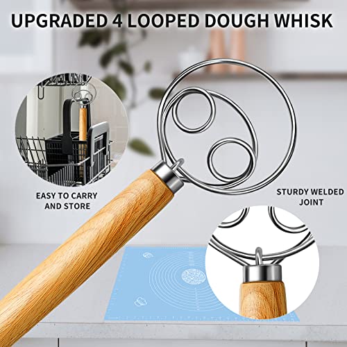  TEEVEA Danish Dough Whisk Stainless Steel Dough Whisk Dutch Style Bread Dough Hand Mixer Wooden Handle Kitchen Baking Tools Bread Making Tools And Supplies