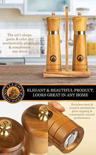  Wooden Salt And Pepper Grinder Set: Easy-Carry Stand, Refilling Funnel And Cleaning Brush: 8 Inch Acacia Wood Salt And Pepper Mills
