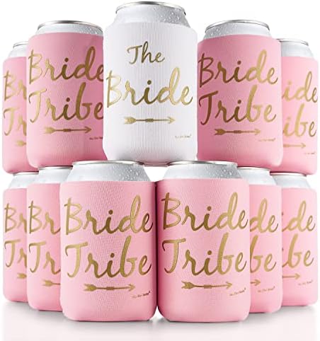  Bride Tribe Bachelorette Party Premium Skinny Can Sleeves - Insulated Neoprene Drink Holders, Fit Slim Spiked Hard Seltzer Beer Cans For Decorations, Supplies, Favors (Pink)