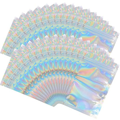  100 Pieces Resealable Smell Proof Bags Foil Pouch Bag Flat Ziplock Bag For Party Favor Food Storage (Holographic Color, 8 X 10 Inch)