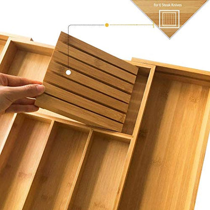  Bamboo Silverware Drawer Organizer Kitchen, Expandable Utensil Holder And Cutlery Tray With Divider | 13"-21.6" Flatware Storage And Removable Knife Block