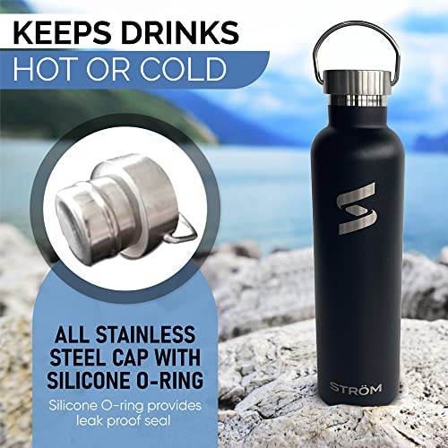 Trom 32oz Black Stainless Steel Water Bottle, Free Cleaning Brush, Plastic Free, BPA Free, Vacuum Insulated, 32 Ounce Healthy, Double Walled, Thermos, All Metal