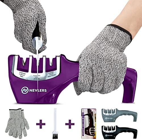 3 In 1 Kitchen Knife Sharpener With Cut Resistant Gloves | Knife Sharpeners For Kitchen Knives Preps, Repairs, Sharpens | Blade Sharpener With Diamond, Ceramic & Tungsten Steel Slots (Black)