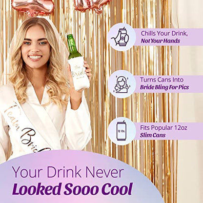  Bride Tribe Bachelorette Party Premium Skinny Can Sleeves - Insulated Neoprene Drink Holders, Fit Slim Spiked Hard Seltzer Beer Cans For Decorations, Supplies, Favors (Pink)
