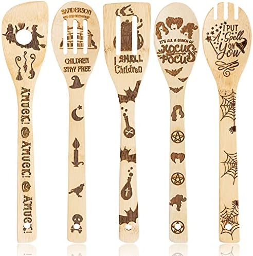  5Pcs Mothers Day Wooden Spoons Utensils Set, Non-Stick Cooking Utensils Carve Burned Bamboo Spoons Spatula Kitchen Cookware Gadget Decor Kit Mothers Day Mom Birthday Fun Gift Idea