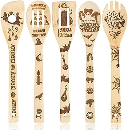  5Pcs Mothers Day Wooden Spoons Utensils Set, Non-Stick Cooking Utensils Carve Burned Bamboo Spoons Spatula Kitchen Cookware Gadget Decor Kit Mothers Day Mom Birthday Fun Gift Idea
