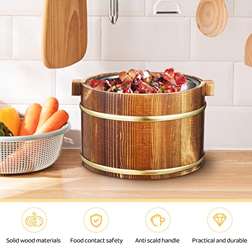  Wooden Rice Barrel Sushi Rice Bowl Tub Steamer Stainless Steel Liner Rice Bucket, Wood Cooking Steamer With Lid And Spoon, 20cm