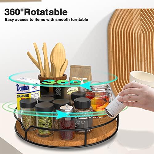  Lazy Susan Turntable Organizer For Cabinet Pantry Kitchen Countertop Refrigerator Cupboard, Pine Wood, 9", Carbonized Black