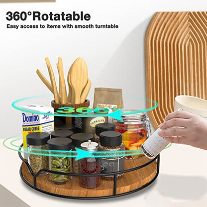  Lazy Susan Turntable Organizer For Cabinet Pantry Kitchen Countertop Refrigerator Cupboard, Pine Wood, 9", Carbonized Black