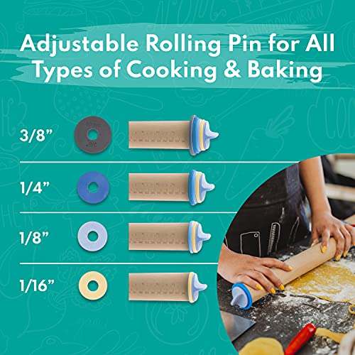  Adjustable Wood Rolling Pin Set – Rolling Pin With Thickness Rings – Cookie Rolling Pin - Pastry Cutter- Pasta Pizza Dough Fondant Roller – Best Rolling Pin - Baking Supplies - Dough Cutter