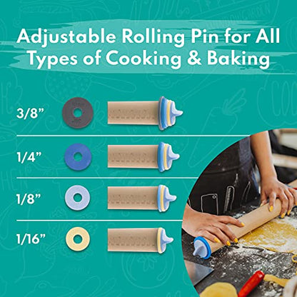  Adjustable Wood Rolling Pin Set – Rolling Pin With Thickness Rings – Cookie Rolling Pin - Pastry Cutter- Pasta Pizza Dough Fondant Roller – Best Rolling Pin - Baking Supplies - Dough Cutter