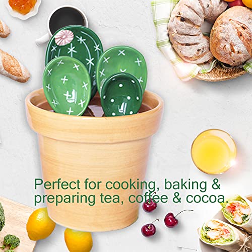  Ceramic Cactus Measuring Spoons Set In Pot Organizer, 5 Pieces Cute Measuring Cups And Spoons Set For Kitchen Dry Wet Measuring Liquid Food Salt And Sugar Kawaii Small Cacti Spoon With Base Cup