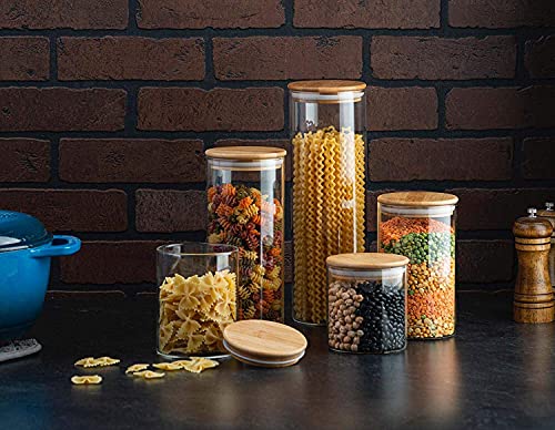  Sugar Packet Holder Canister Set Of 5, Glass Kitchen Canisters With Airtight Bamboo Lid, Glass Storage Jars For Kitchen, Bathroom And Pantry Organization Ideal For Flour, Sugar, Coffee, Cookie Jar, Candy, Snack And More