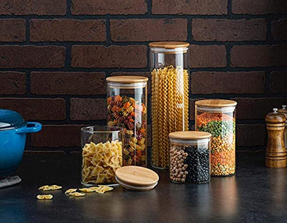  Sugar Packet Holder Canister Set Of 5, Glass Kitchen Canisters With Airtight Bamboo Lid, Glass Storage Jars For Kitchen, Bathroom And Pantry Organization Ideal For Flour, Sugar, Coffee, Cookie Jar, Candy, Snack And More