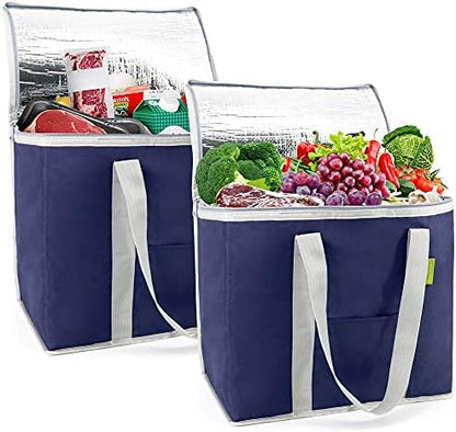  BeeGreen 2 Packs Black Insulated Grocery Bags Collapsible Shopping Cooler Thermal Tote With Zipper For Hot Cold Frozen Food Transport X-Large 60LBS Reusable Durable Long Handles Stands Upright