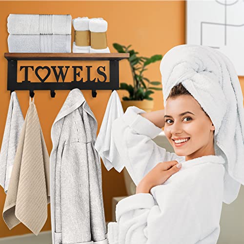  Rustic Towel Rack Towel Holder With Wooden Shelf For Bathroom,Minimalist Design Storage Organizer For Folded Large Towels, Towels, Robes, Clothes- Black