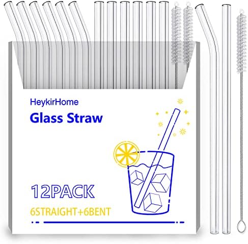  12-Pack Disposable Glass Straw,Size 8.5''x10 MM,Including 6 Straight And 6 Bent With 2 Cleaning Brush- Perfect For Smoothies, Tea, Juice