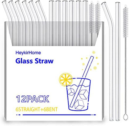  12-Pack Disposable Glass Straw,Size 8.5''x10 MM,Including 6 Straight And 6 Bent With 2 Cleaning Brush- Perfect For Smoothies, Tea, Juice