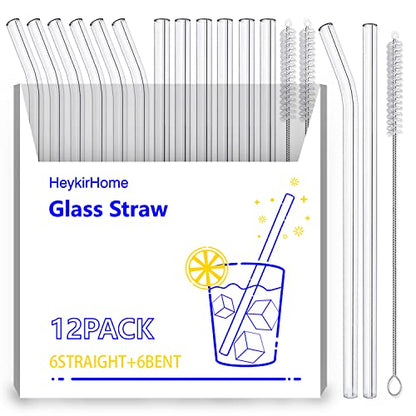  12-Pack Disposable Glass Straw,Size 8.5''x10 MM,Including 6 Straight And 6 Bent With 2 Cleaning Brush- Perfect For Smoothies, Tea, Juice