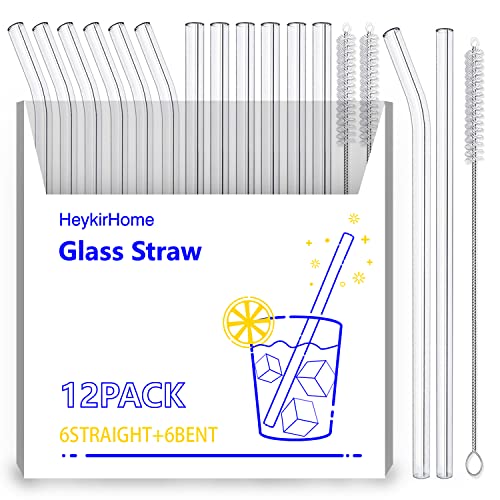  12-Pack Disposable Glass Straw,Size 8.5''x10 MM,Including 6 Straight And 6 Bent With 2 Cleaning Brush- Perfect For Smoothies, Tea, Juice