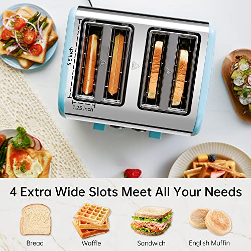  Toaster 4 Slice, REDMOND Retro Stainless Steel Toasters With LED Digital Countdown Timer Display, Dual Independent Control Panel, Reheat Defrost Cancel Function, High Lift Lever, Blue