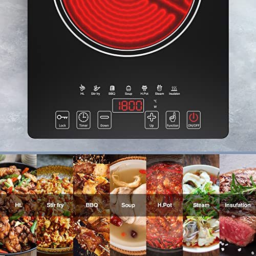  Electric Cooktop, QTYANCY Portable Ceramic Cooktop, 120V 8 Power 8 Temperature Levels, Timer & Child Lock, Overheat Protection Hot Plate