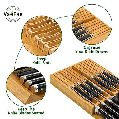  In-Drawer Knife Block, Bamboo Knife Drawer Organizer Insert, Kitchen Knife Holder Drawer For 12 Knives PLUS A Slot For Your Knife Sharpener (Without Knives)
