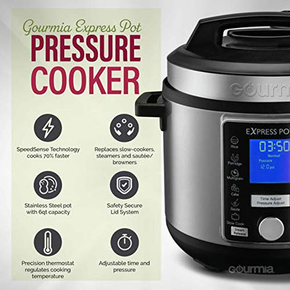  GPC965 Digital Multi-Functional Pressure Cooker - Automatic Pressure Release - Adjustable Pressure Control - 13 Cook Modes - Removable Stainless Steel 6 Qt Pot - Lid Lock - Auto Stir Function